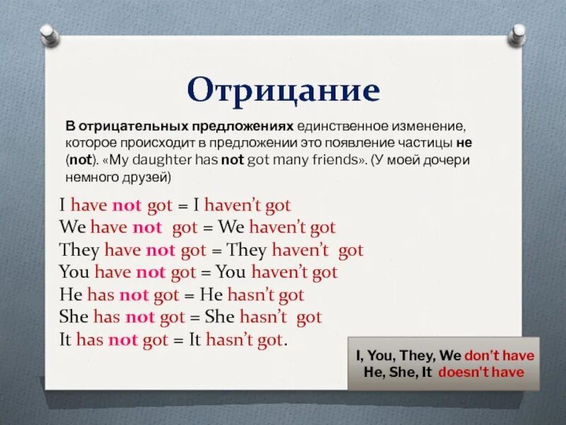 Как переводится слово have на русский. Have has got отрицание. Отрицание в английском. Предложения с have got. Отрицание в английском языке правило.