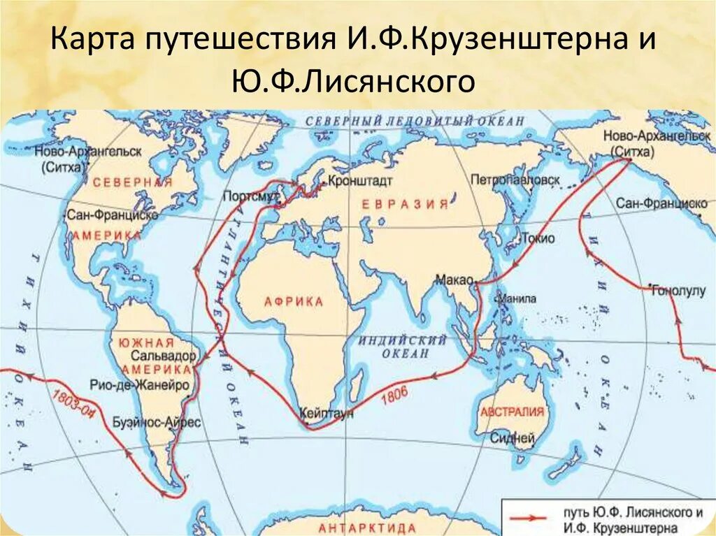 С каким океаном связаны исследования путешественников. Крузенштерн 1803-1806 маршрут. Маршрут экспедиции Крузенштерна и Лисянского.