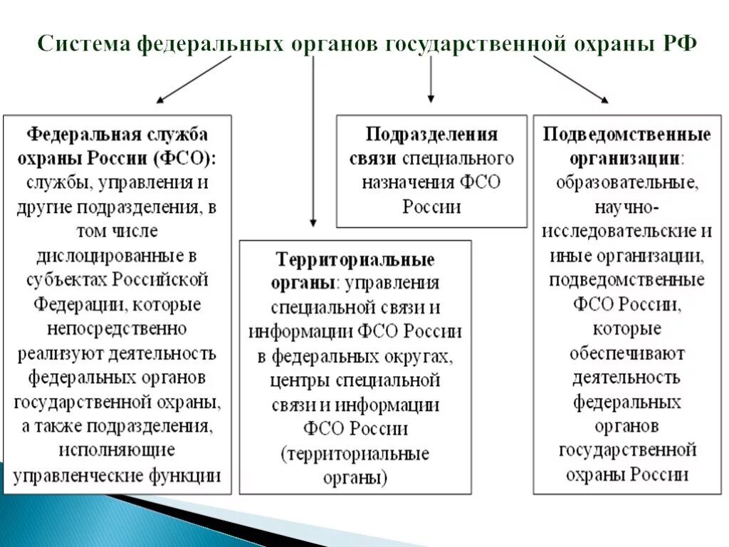 Функции федеральной службы рф. Структура органов гос охраны. Структура Федеральной службы охраны РФ схема. Система федеральных органов государственной охраны РФ. Структура органов государственной охраны РФ.