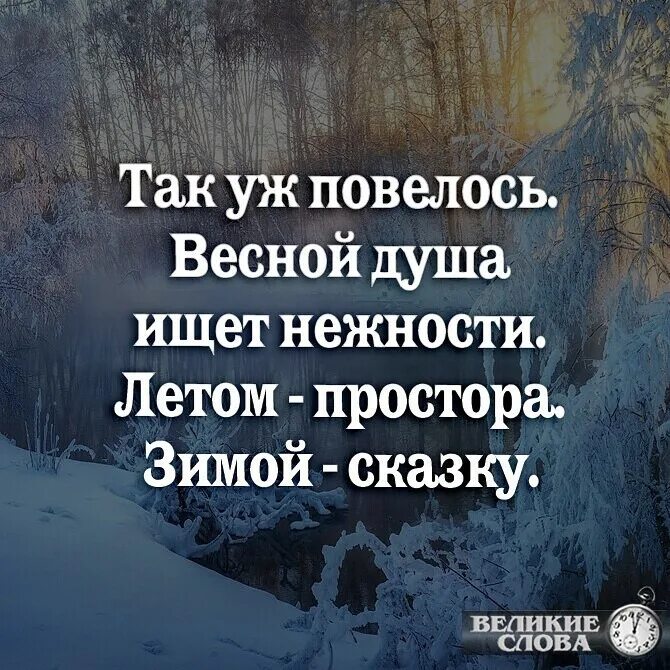 Душа не находит места. Так уж повелось весной душа ищет нежности. Так уж повелось весной душа. Так уж повелось весной душа ищет нежности летом простора зимой сказку. Так уж повелось. Весной душа ищет нежности. Летом - простора..