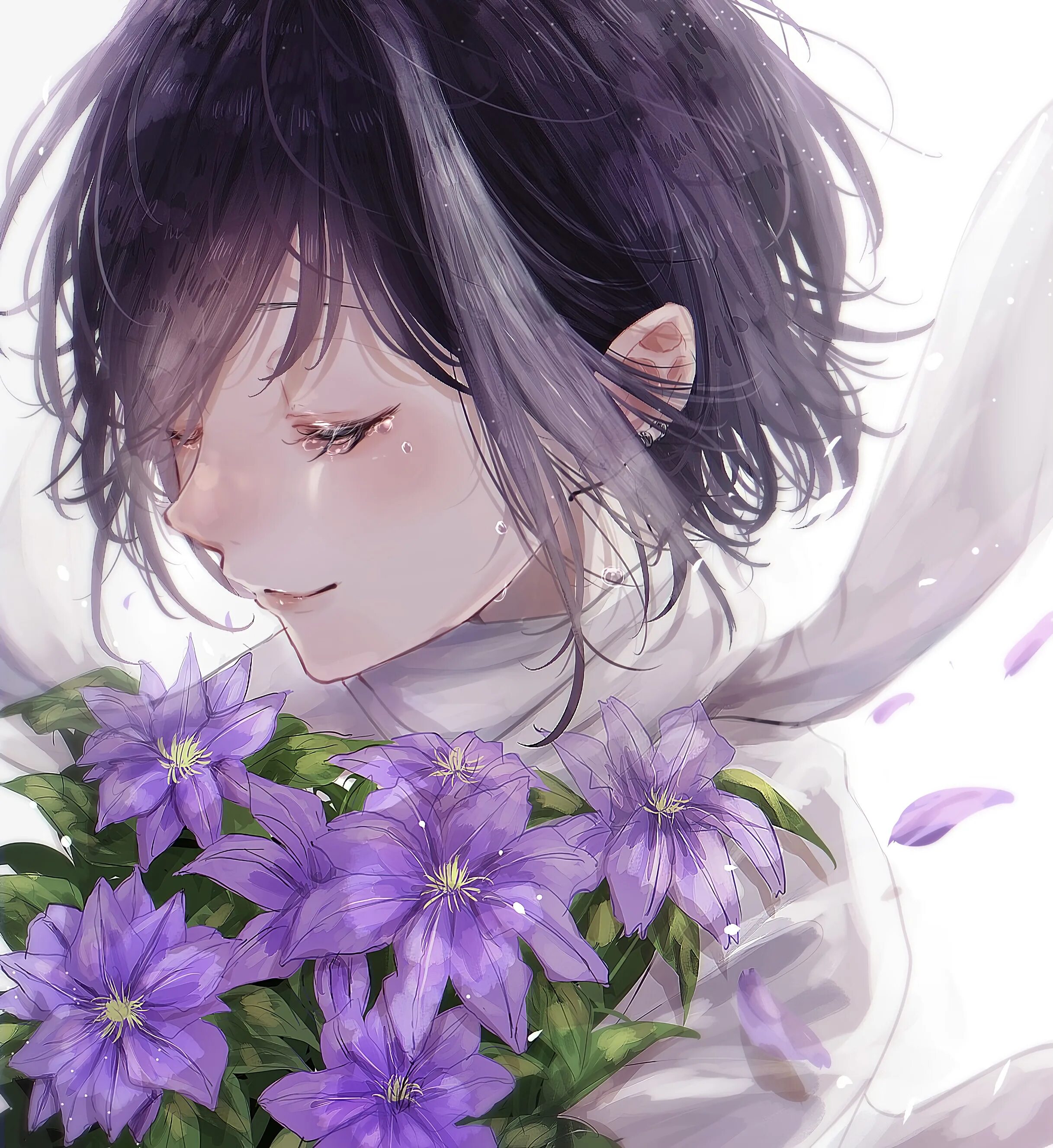 Hensy слезы и цветы. Девушка с цветком. Сиреневый цветок в волосах. Цветок слезы.