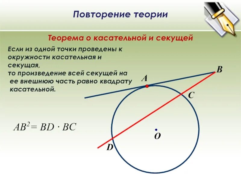 Два радиуса лежащие на одной прямой. Теория о касательной и секущей. Касательная к окружности. Квадрат отрезка касательной равен произведению отрезков секущей. Квадрат касательной равен произведению секущей на ее.