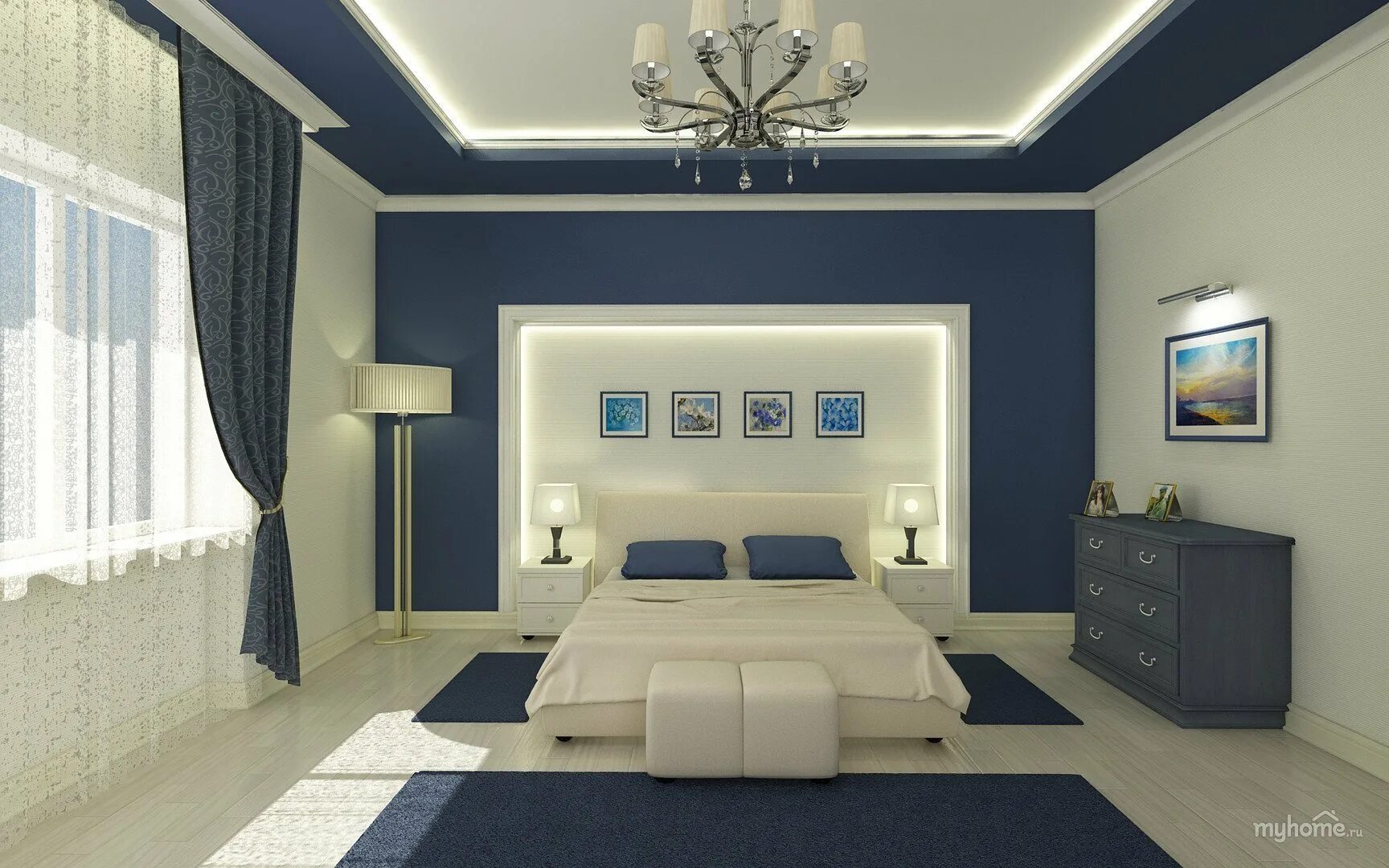 Сочетание цветов потолка. Интерьер спальни. Цветовые решения для спальни. Спальня в сине белых тонах. Темно синяя спальня.