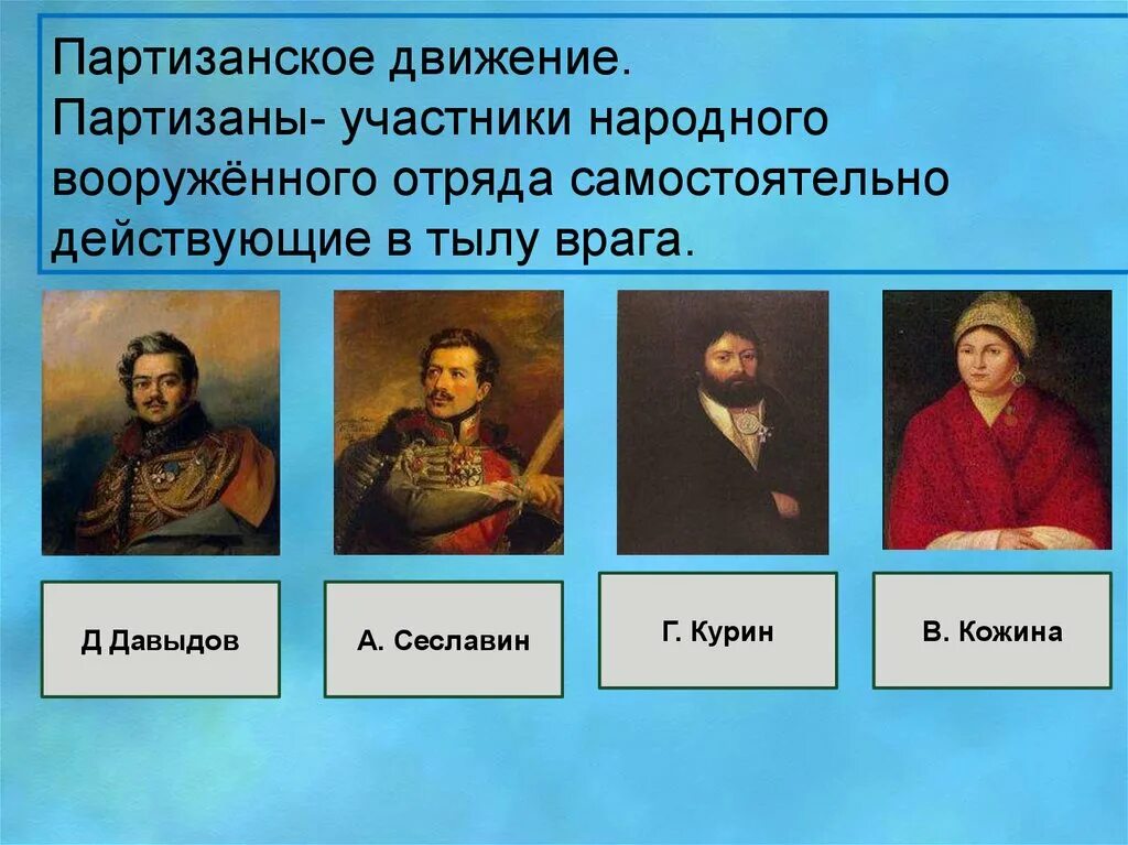 Участники национального движения. Партизанские отряды Отечественной войны 1812г.. Участники 1812. Участники партизанского движения 1812.