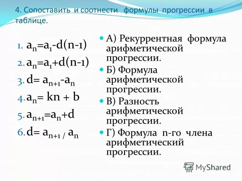 Аn 5 n. Рекуррентная формула арифметической прогрессии. Формула an a1+d n-1. Формулы арифметической прогрессии 9 класс. Формула а1 в арифметической прогрессии.