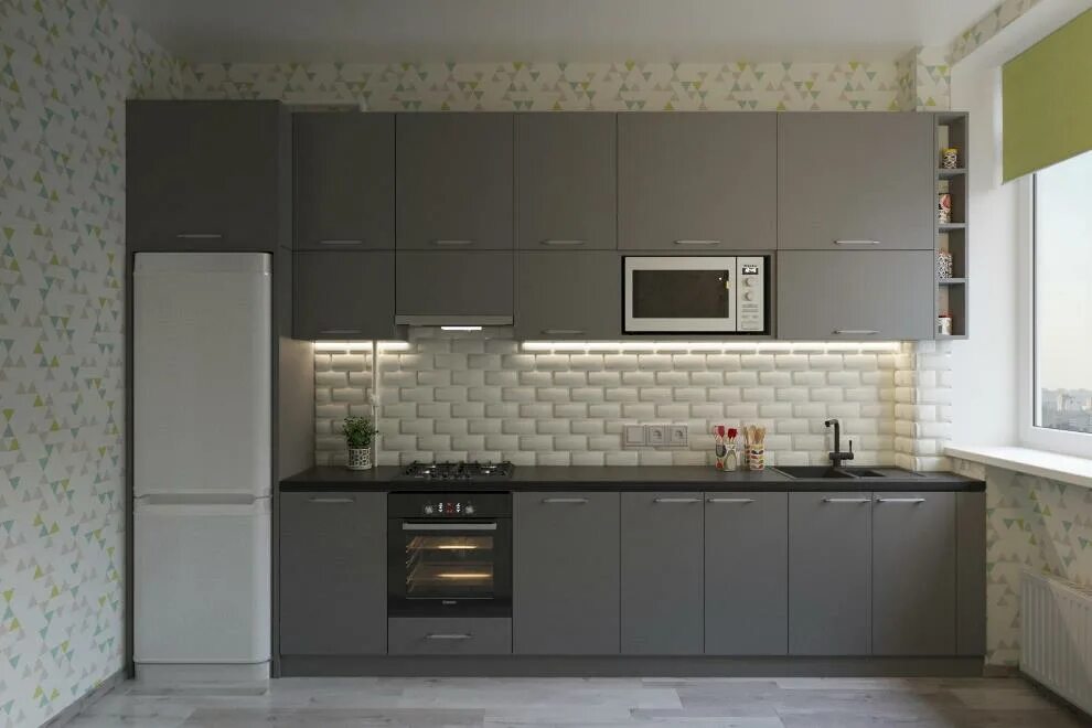 серые кухни. кухонные гарнитуры белый верх серый низ. прямая кухня с холодильником. кухонный гарнитур цвет графит матовый. кухонный гарнитур серый матовый.