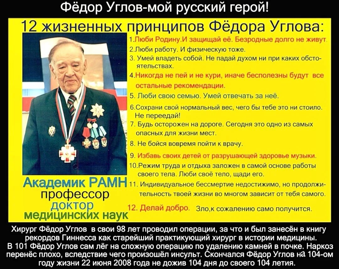 12 Жизненных принципов Федора Углова. Принципы жизни Углова. Углов годы жизни