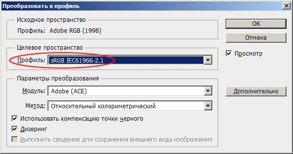 Поменять профиль в фотошопе. Цветовой профиль srgb iec61966-2.1. преобразовать в профиль в фотошопе. параметры преобразования в фотошопе. рабочее пространство: srgb iec61966-2.1.