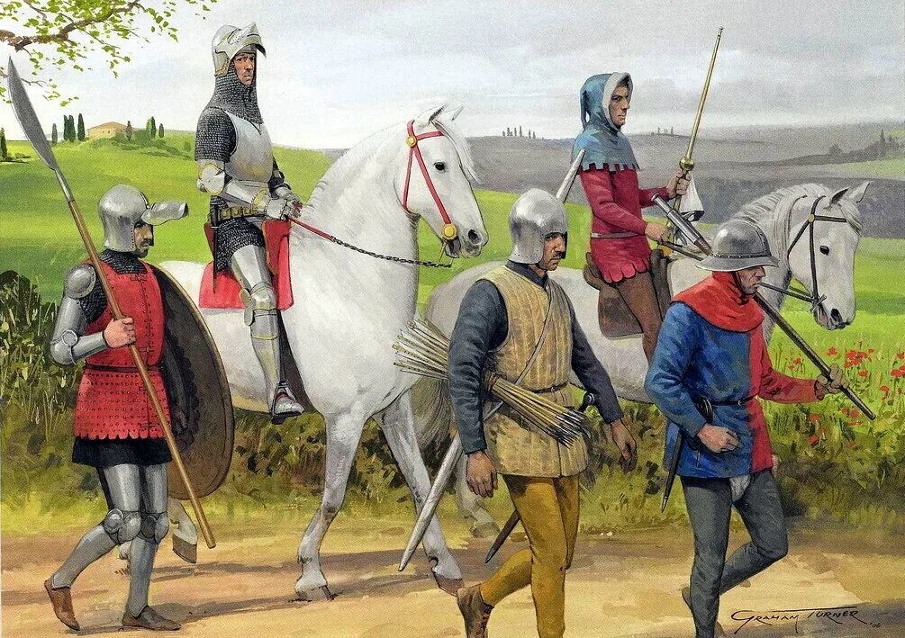 Армия вассалов. Итальянские кондотьеры 15 века. Французский конный рыцарь 14 века.