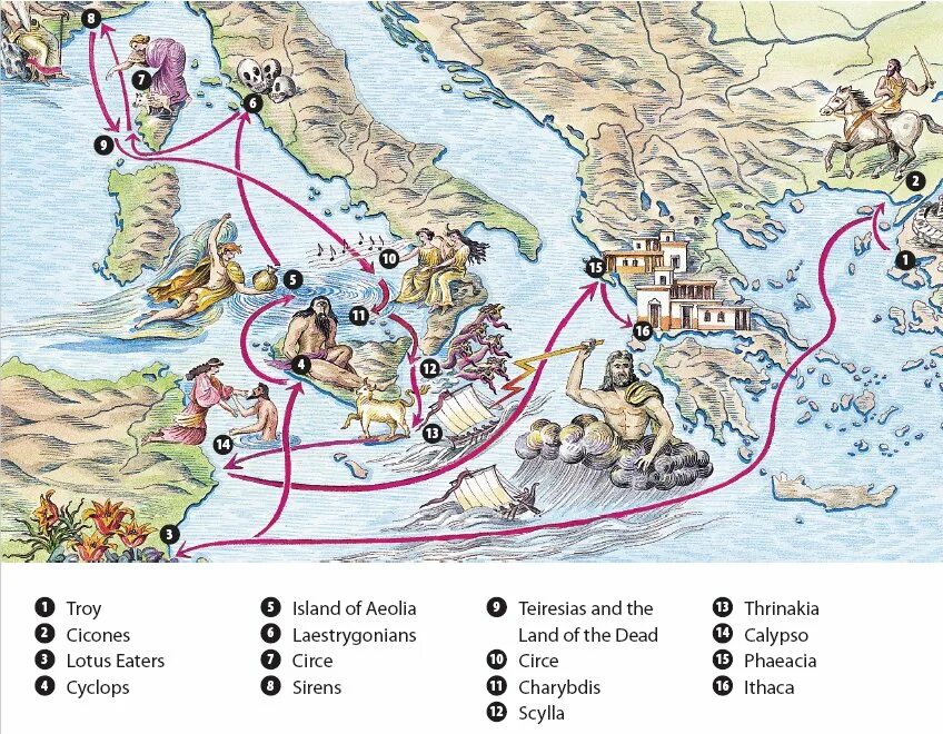 Путь одиссея. Карта странствий Одиссея. Путь Одиссея на карте. Маршрут Одиссея на карте. Карта путешествия Одиссея из Трои в Итаку.