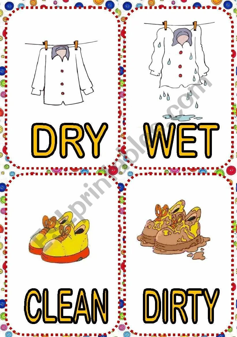 Wet Dry Flashcards. Wet and Dry for Kids. Clean Dirty opposites. Wet Dry Flashcard.
