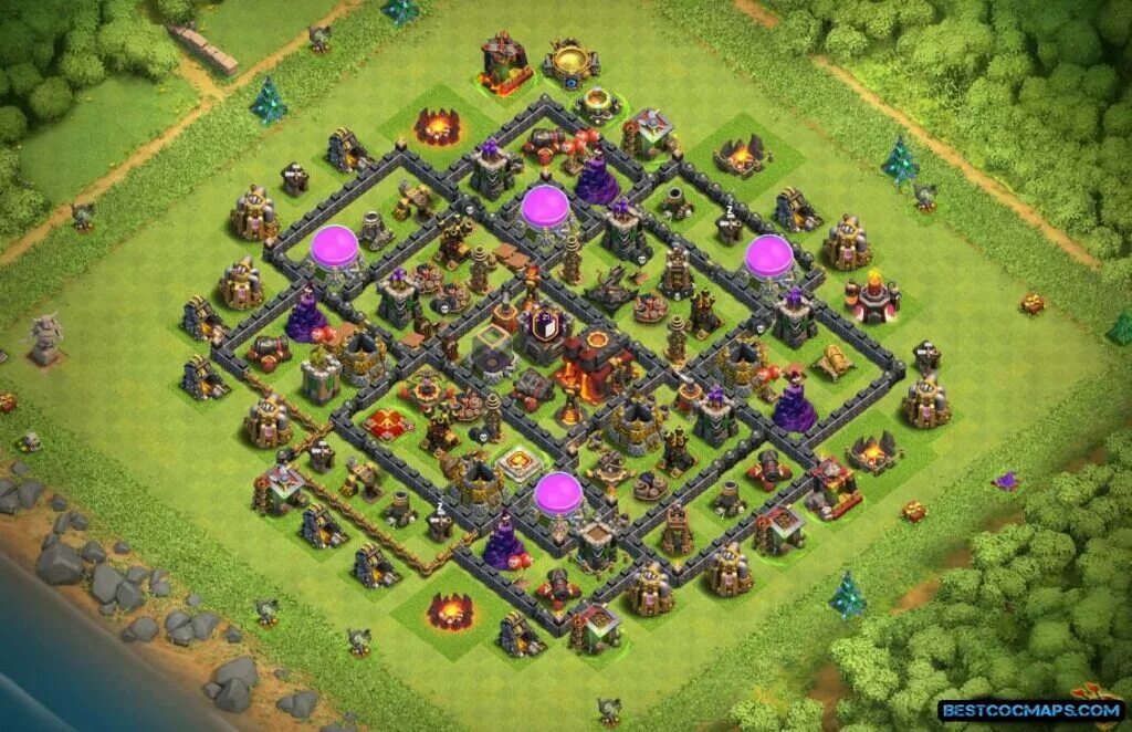 Clash of clans защита. Расстановка 9тх гибрид. Расстановка 9 ТХ. Ратуша 9. Военная база клэш оф кланс 9 ТХ.