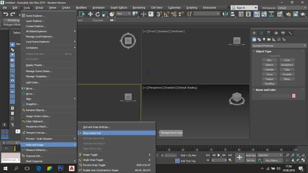 3ds Max 2019. Scene Explorer 3ds Max. Grid and Snap settings 3ds Max. Проводник в 3ds Max.