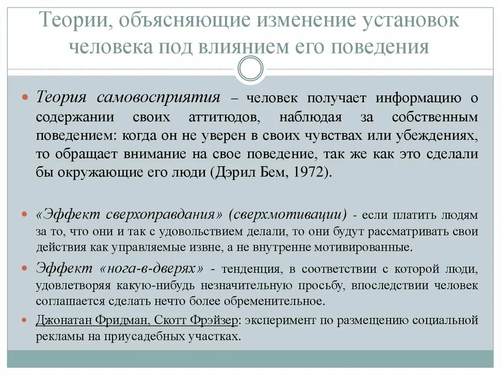 Теории изменения общества. Теория самовосприятия. Теория модификации поведения. Теория поведения человека. Теории изменение установок человека под влиянием его поведения.