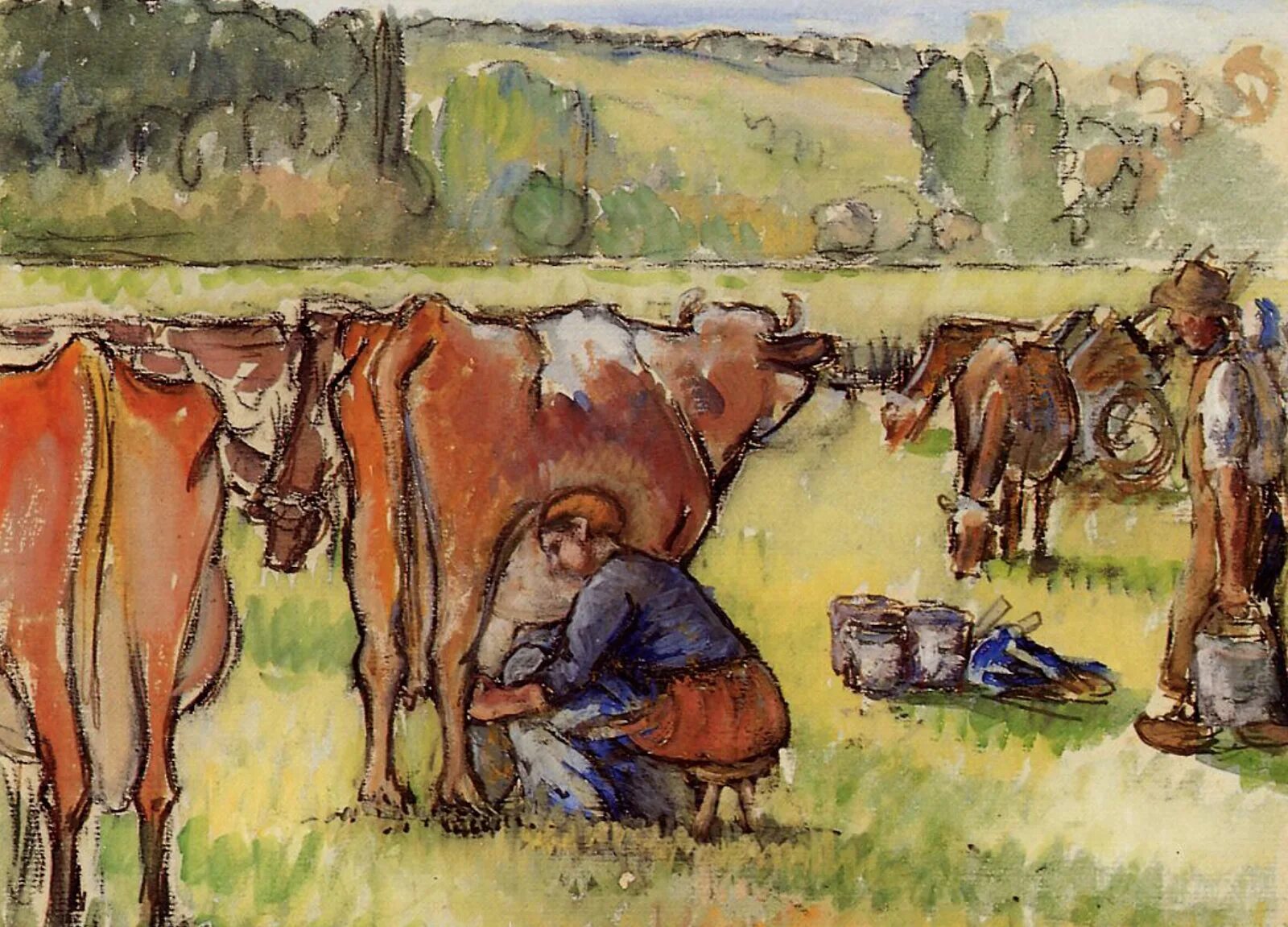 Молоко в древности. Писсарро крестьянка. Щедрин доение коровы 1770.