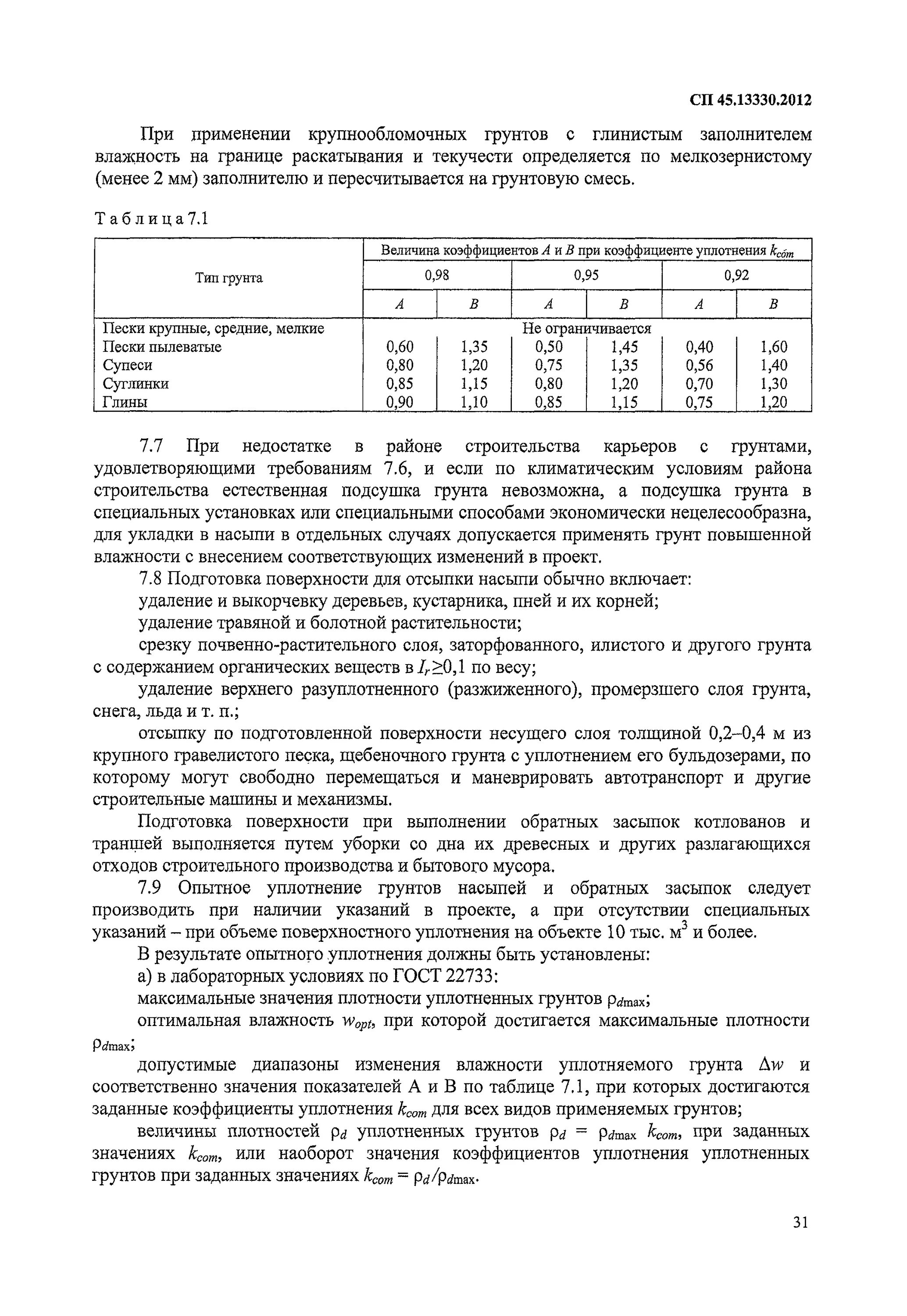 Сп 45.13330 статус на 2023. Коэффициент уплотнения грунта по СП. Коэффициент уплотнения грунта по СП 45.13330.2012 таблица. Уплотнение грунта коэффициент уплотнения СНИП. СП 45.13330.2017 земляные сооружения основания и фундаменты таблица 12.1.