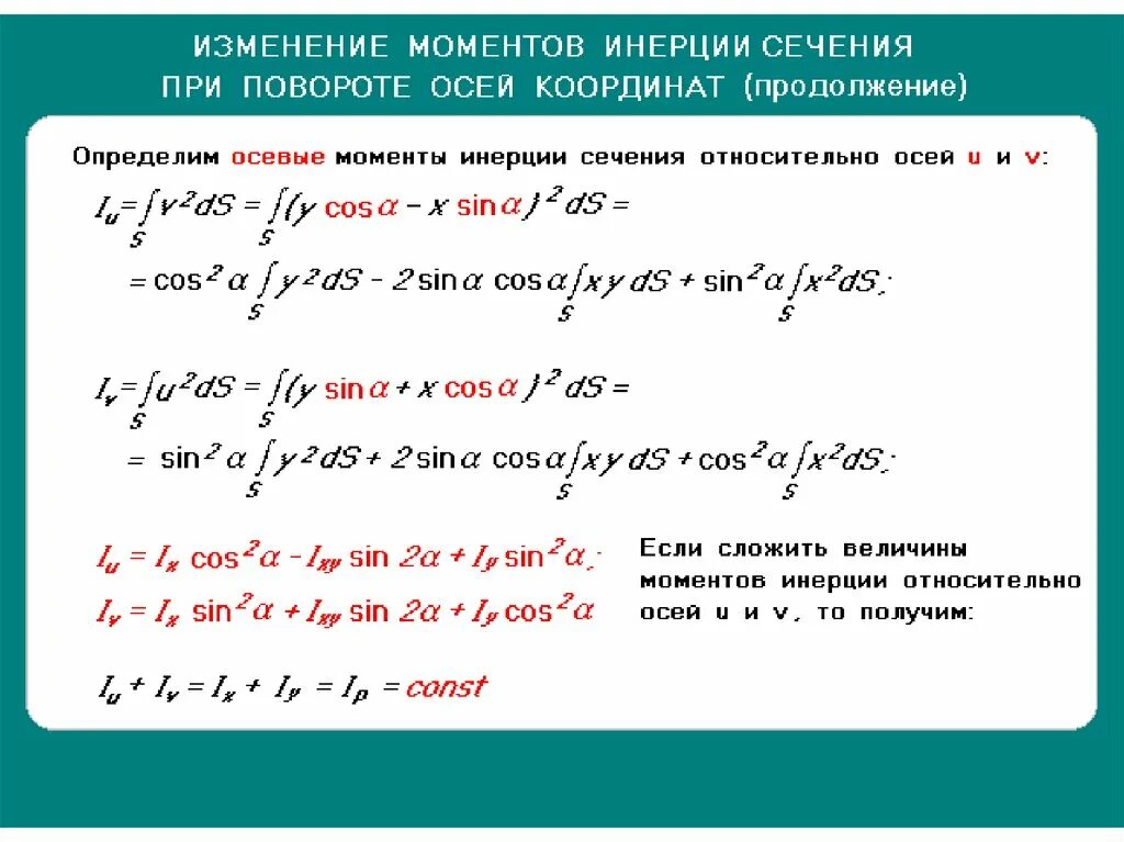 Изм оси. Момент инерции сечения при повороте осей. Изменение моментов инерции при повороте осей координат.. Изменение моментов инерции при повороте координатных осей. Как меняется момент инерции при повороте осей.