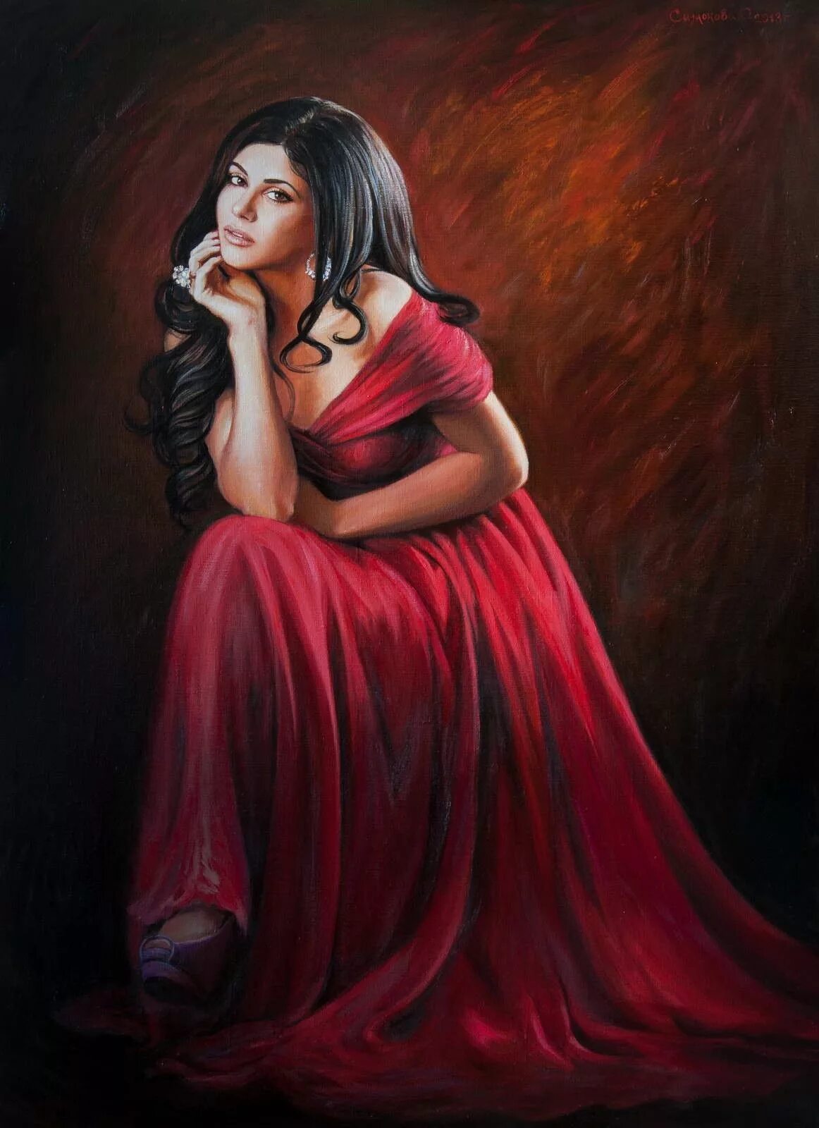 Брюнетка маслом. Тангирра Тьер. Девушка в платье живопись. Живопись женщина в Красном платье.