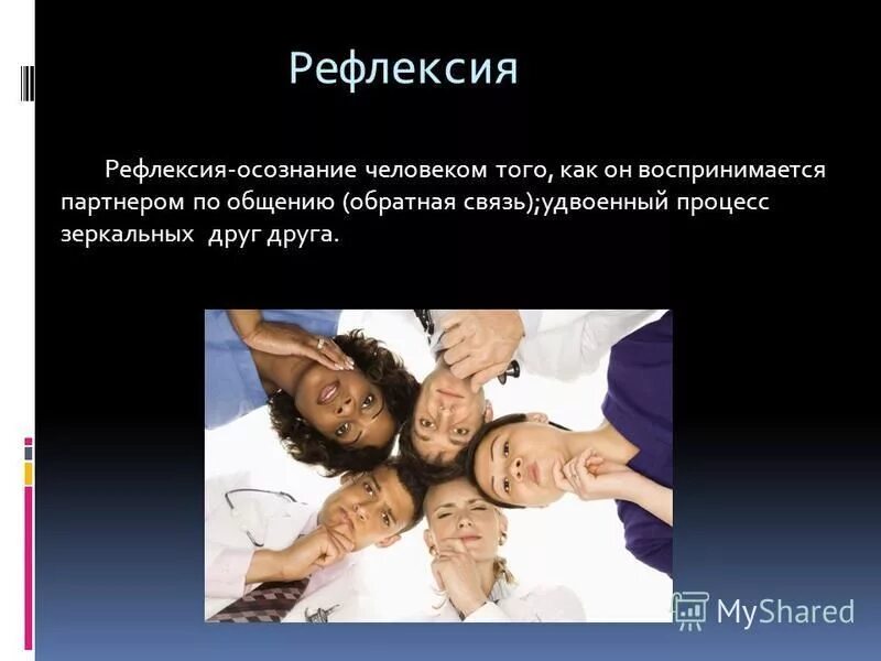 Осознание индивидом того как он воспринимается партнером. Осознание человеком того как он воспринимается партнерами по общению. Рефлексия в общении. Рефлексия это человеком того. Рефлексия это в психологии общения.