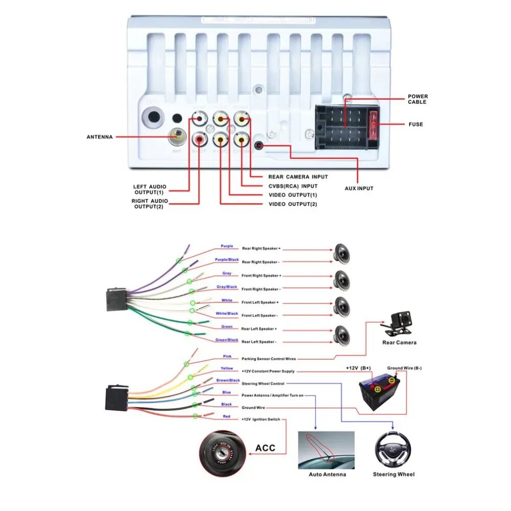Car mp5 player инструкция. Схема подключения китайского магнитофона 2 din. Схема подключения магнитолы Пионер 2din.
