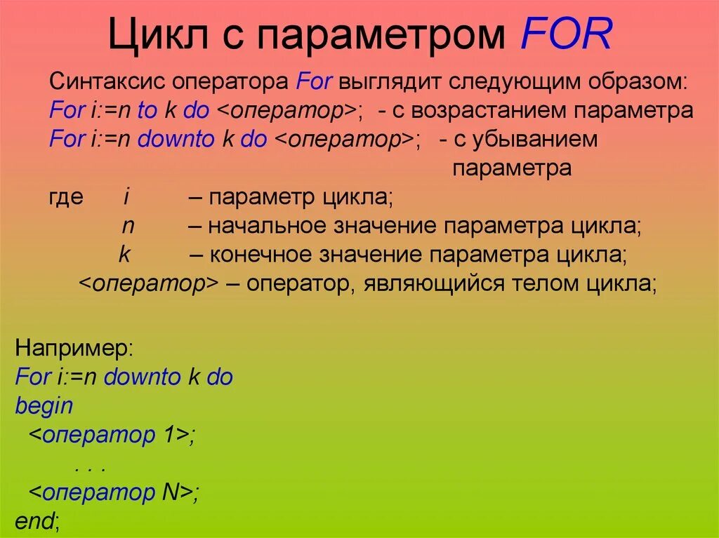 Синтаксис операторов цикла. Цикл с параметром. синтаксис for. синтаксис оператора : оператор цикл с параметром паскаль.