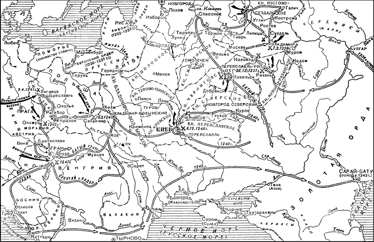 Монголо татары карта. Походы Батыя на карте древней Руси. Карта походов татаро монголов на Русь. Карта монголо татарское Нашествие на Русь черно белая. Нашествие татаро монголов на Русь походы Батыя.