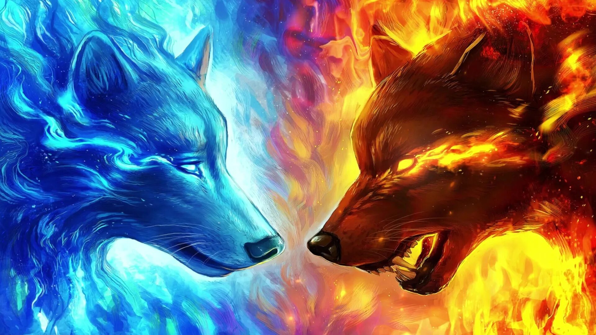 Огонь и вода розовый и синий. Огненный волк. Огненный и ледяной волк. Волк фэнтези.
