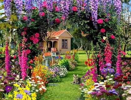 Download Flower Garden With Water Fountain Picture