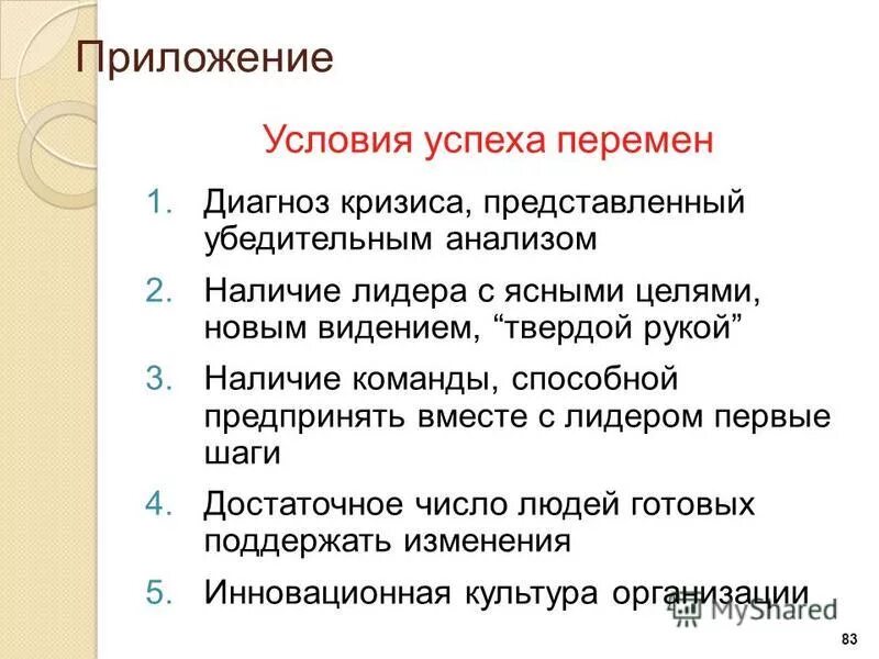 Условия успешных изменений. Условия успешной ФИОЫ.