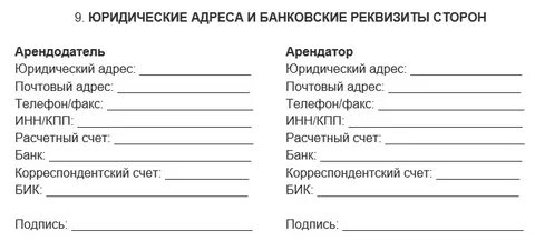 Адреса и банковские реквизиты сторон пример