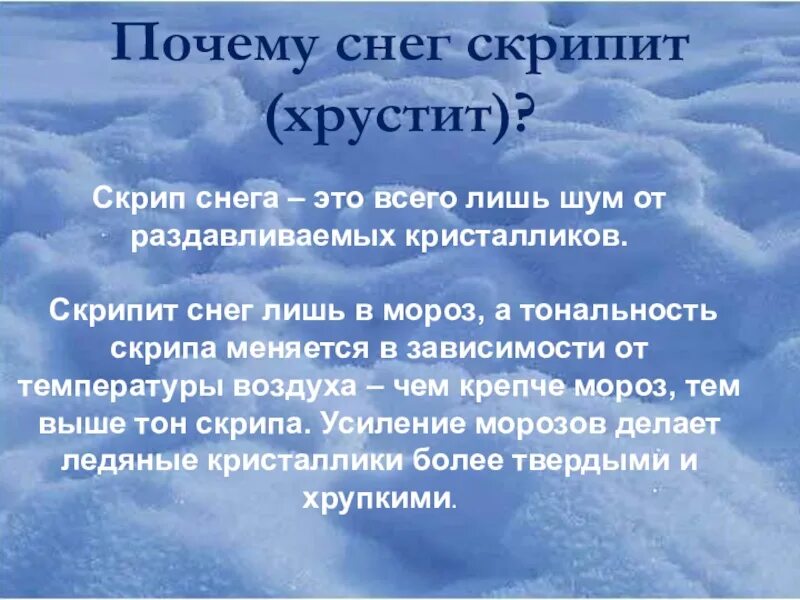 Холодно снежно текст. Почему скрипит снег. Почему хрустит снег. Презентация почему хрустит снег. Почему снег хрустит под ногами.