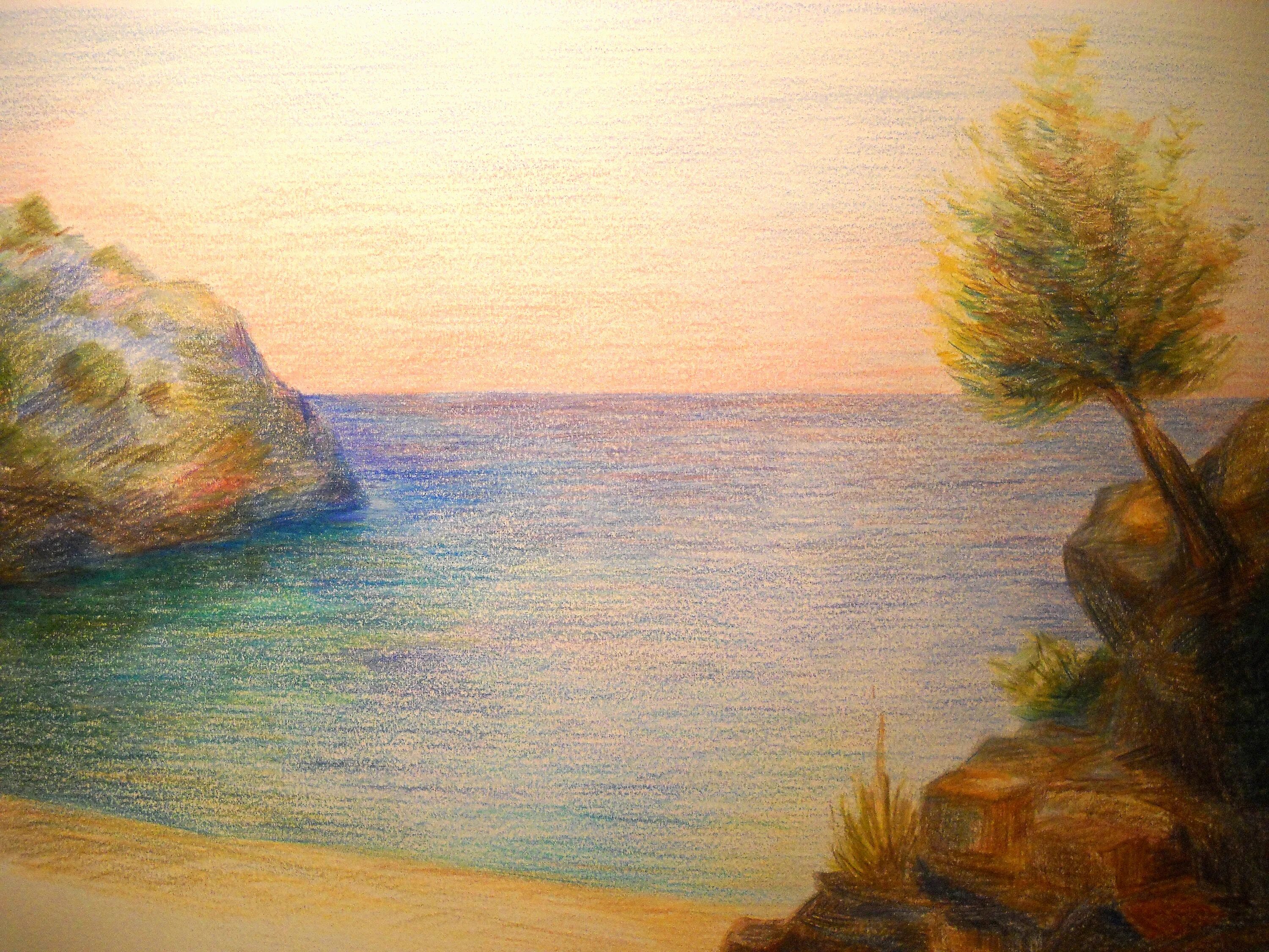 Морской пейзаж 6 класс. Пейзаж цветными карандашами. Море цветными карандашами. Морской пейзаж цветными карандашами. Летний пейзаж цветными карандашами.