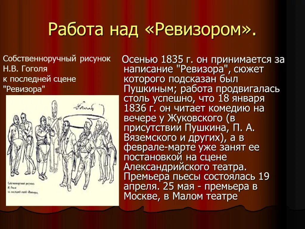 Как гоголь написал произведение ревизор. Первое представление Ревизора. Сюжет Ревизора. Ревизор 1835. История создания Ревизора.