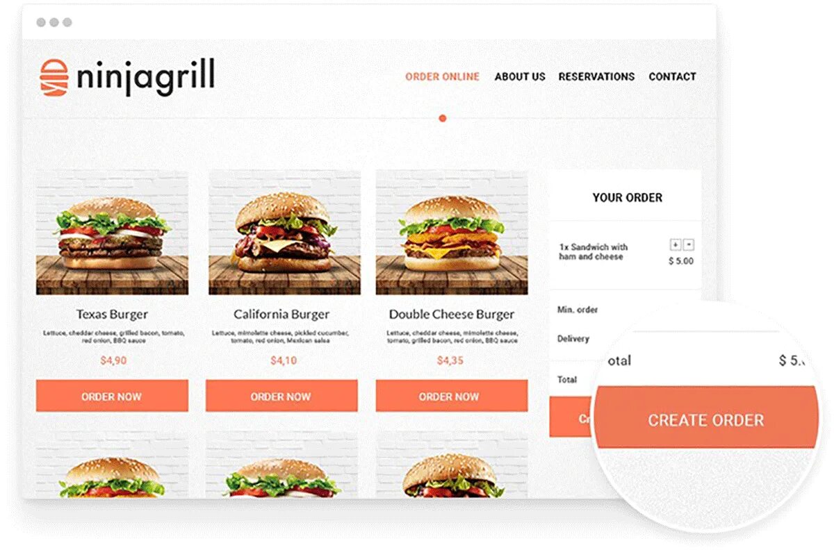 Ordering site. Меню-бургер веб дизайн. "For ordering menu Call to" надпись.