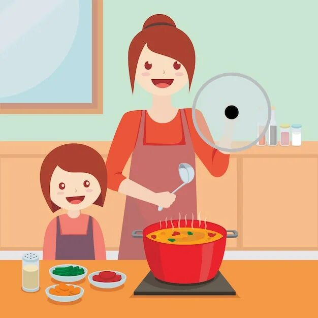Мама с дочкой на кухне иллюстрация. Мама на кухне иллюстрация. Мама готовит борщ. Мама готовит рисунок для детей.