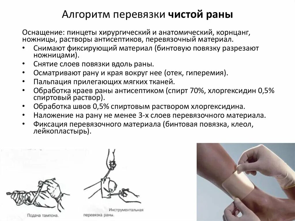 Чем можно обрабатывать швы после операции. Алгоритм проведения перевязки послеоперационной раны. Перевязка послеоперационной чистой раны обработка швов. Обработка послеоперационного шва алгоритм. Перевязка чистой раны алгоритм манипуляции.