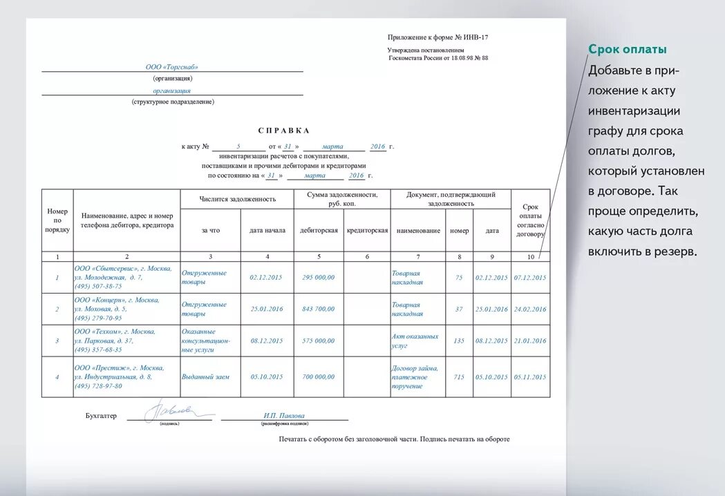 Инвентаризация дебиторской задолженности образец