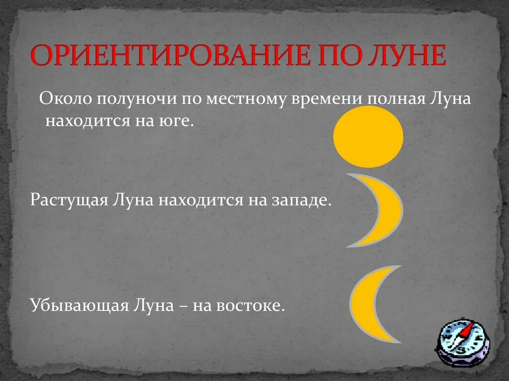 Где находится полная луна около полуночи. Ориентация по Луне на местности. ОРИЕНТИРОВАНИЕПО лкне. Ориентирование на местности по Луне. Способы ориентирования по Луне.