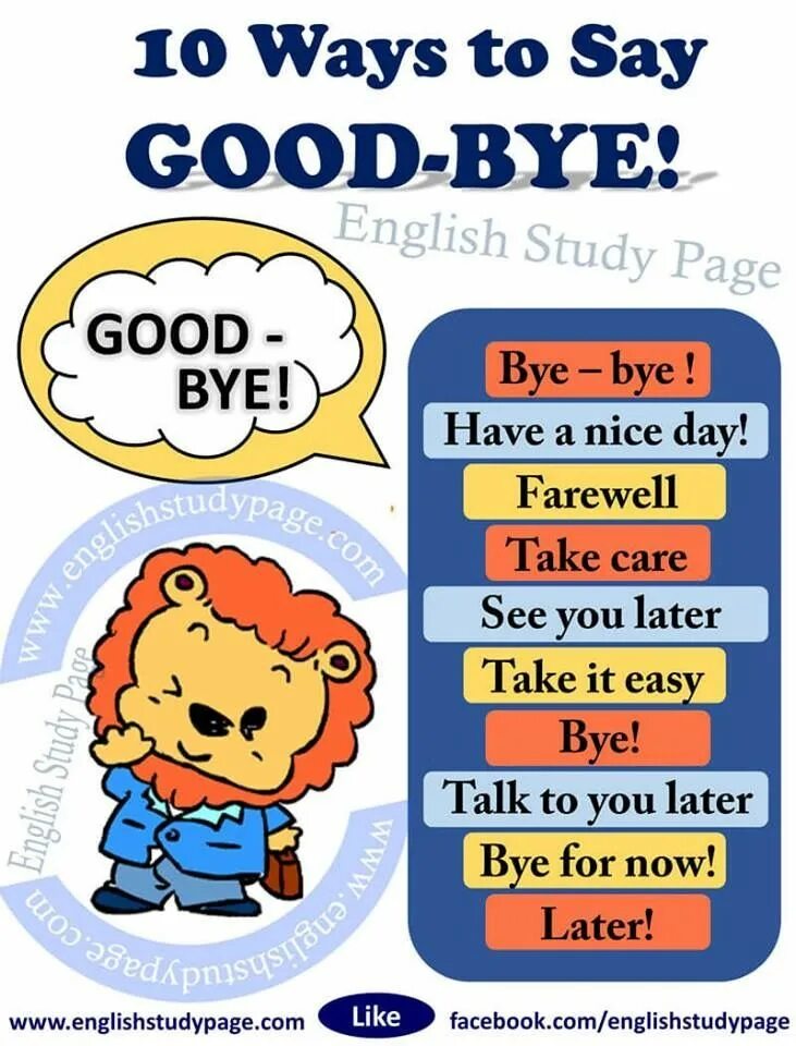 Ways to say Goodbye in English. Saying Goodbye in English. Phrases to say Goodbye. Different ways to say Goodbye.
