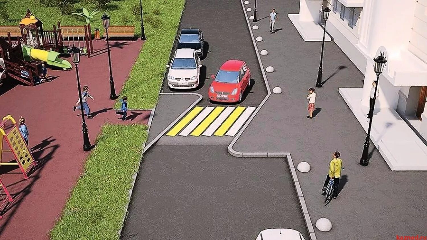 Улучшение транспортной доступности и безопасности пешеходов. Приподнятые пешеходные переходы. Разметка для пешеходов. Велодорожка на проезжей части. Пешеход на тротуаре.