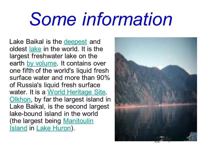 The world deepest lake is lake. Озеро Байкал по английскому. Информация о Байкале на английском. Байкал на английском презентация. Байкал озеро по английскому языку.