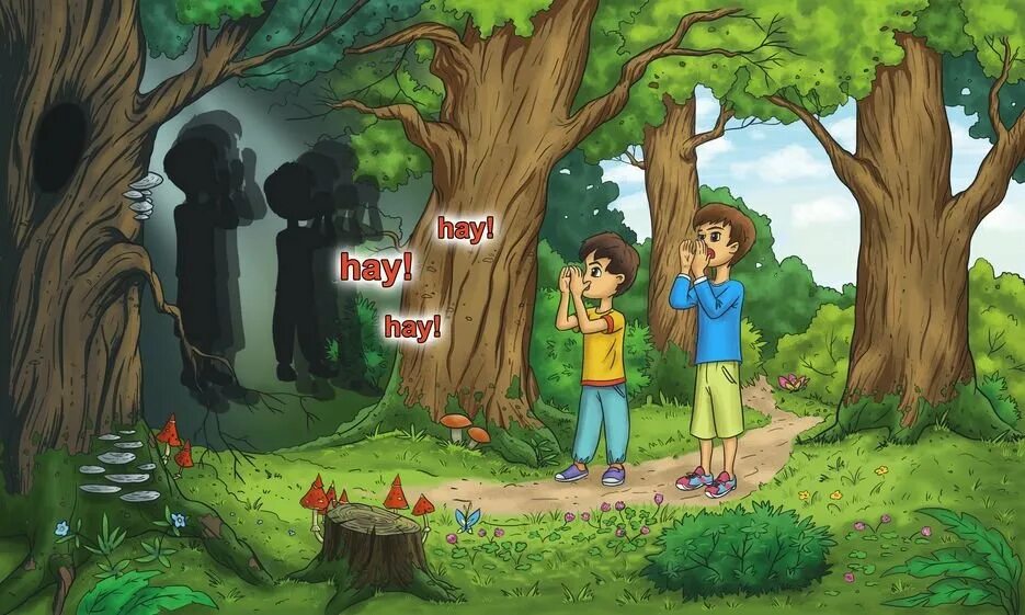 Где то эхо в лесу. Лес рисунок для детей. Дети заблудились в лесу рисунок. Потерялся в лесу иллюстрация. Потерялся в лесу рисунок.
