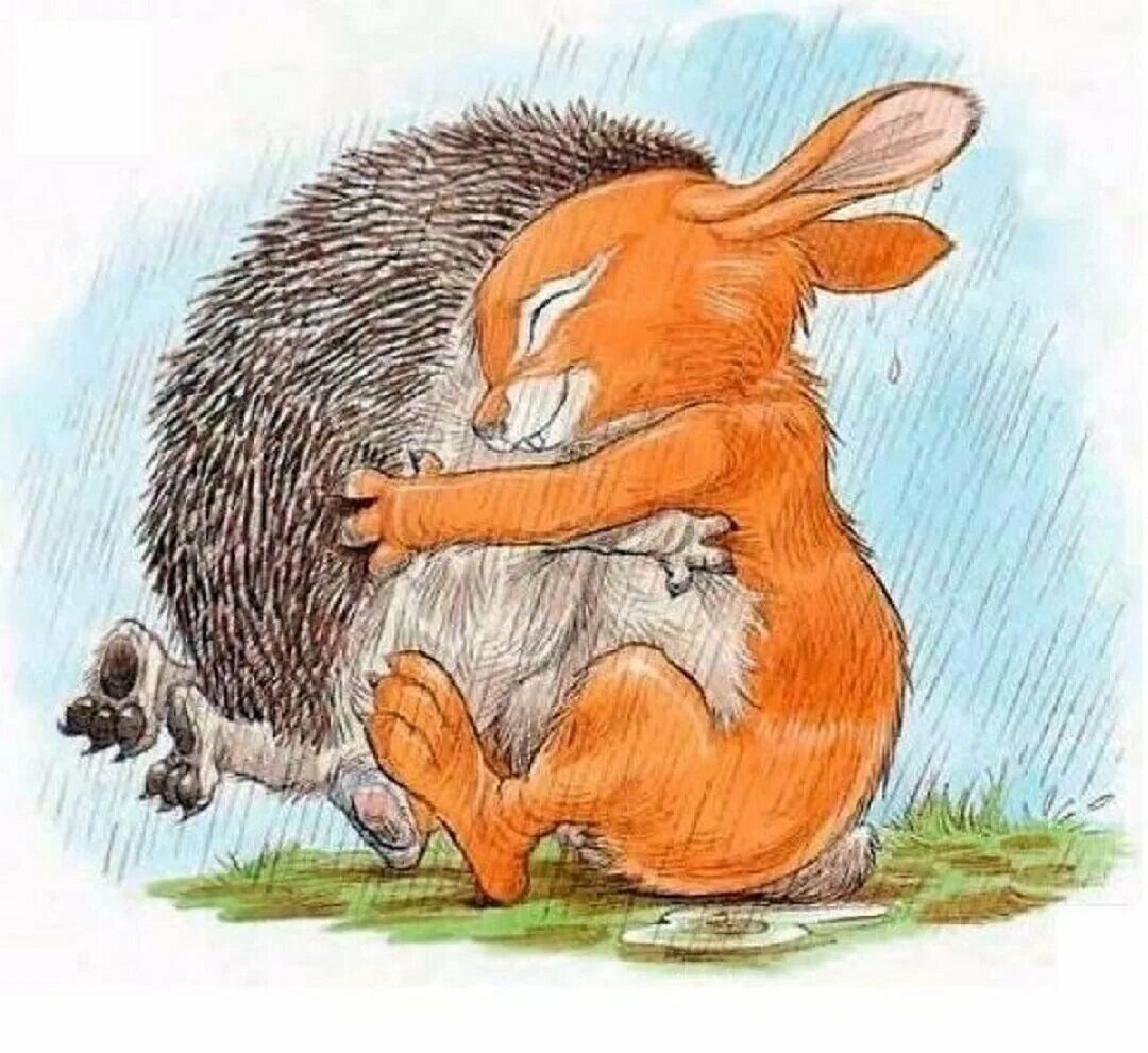 Заяц обнимает ежика. Ежик и заяц. Ежик обнимает. Зайчик и Ёжик.