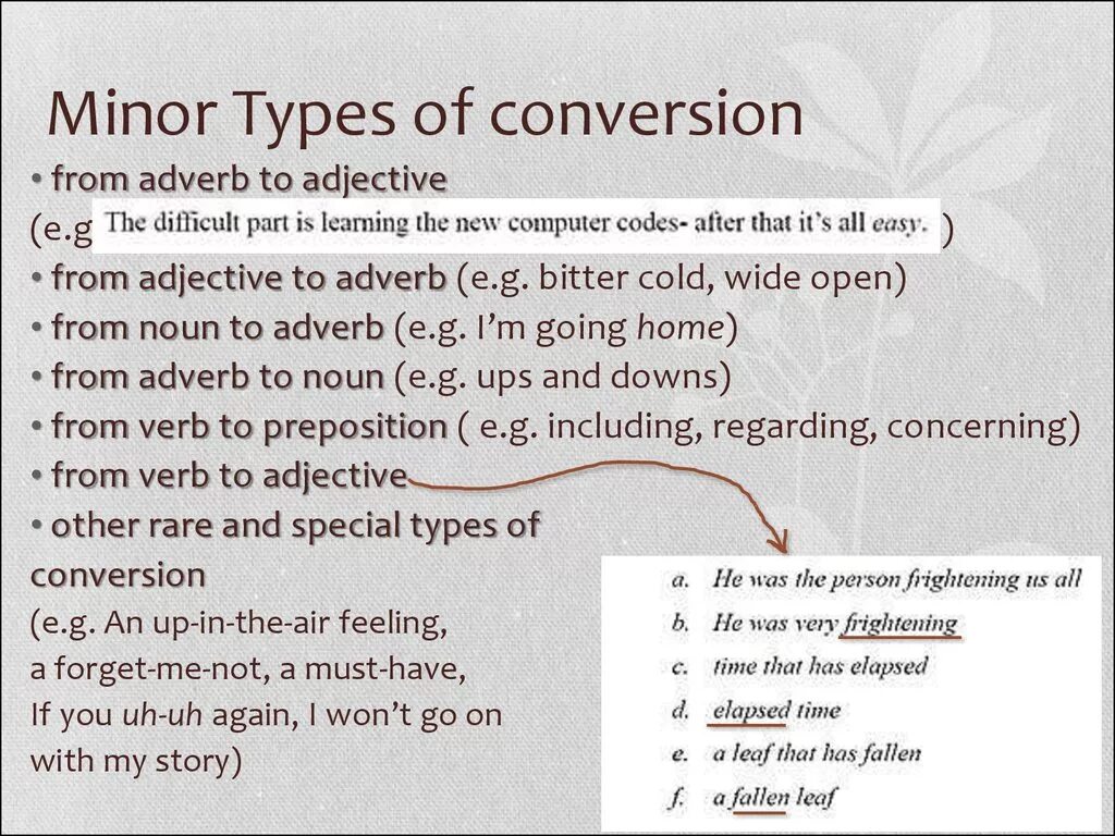 Types of Conversion. Conversion in English Lexicology. Main Types of Conversion. Types of Conversion in Lexicology. 4 the adjective the adverb