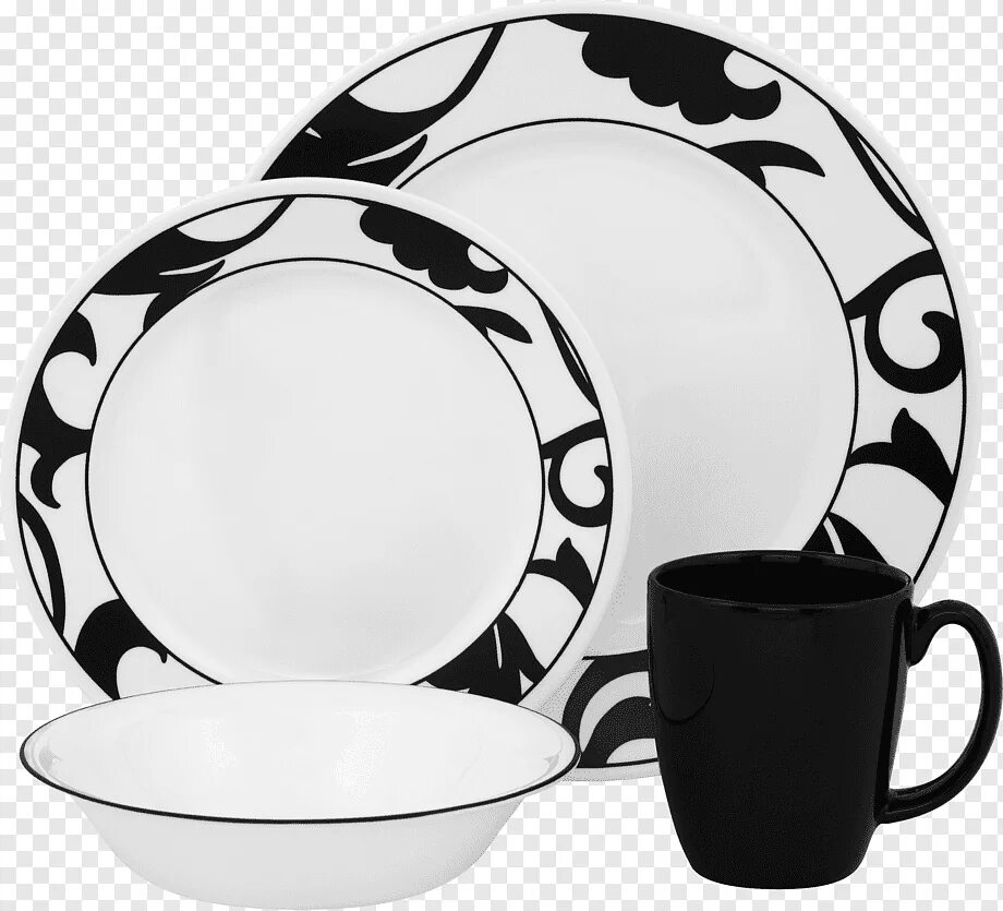 Corelle Plate Bowl Teacup, тарелки, стекло, кухня,. Столовая посуда черно-белая. Посуда рисунок. Столовый сервиз черно белый. Картинка посуды на прозрачном фоне