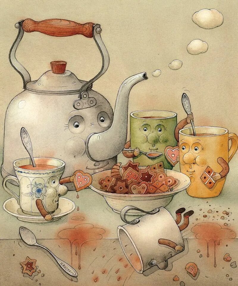 Доброго утра старинные картинки красивые. Кястутис Каспаравичюс иллюстрации. Kestutis Kasparavicius художник. Пузатый чайник Мориц. Картины на кухню.