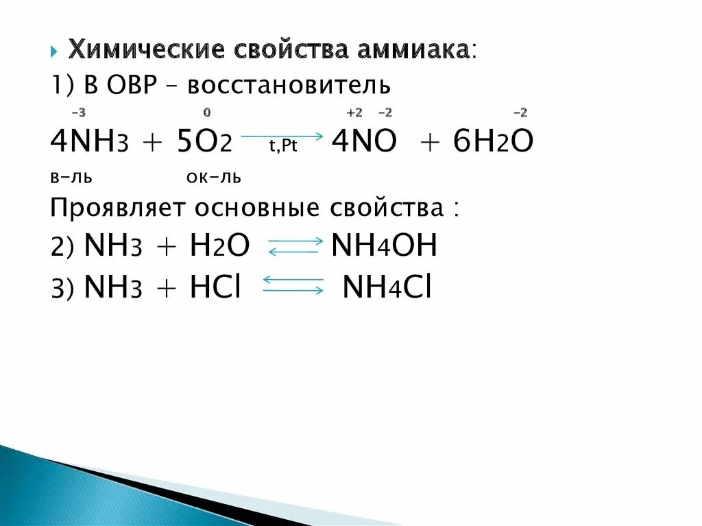 Почему аммиак проявляет только восстановительные. Окислительно восстановительные свойства аммиака. Химические свойства аммиака. Аммиак ОВР химические свойства. Восстановительные свойства аммиака.