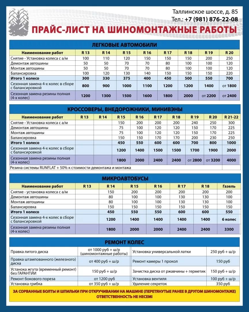 Сколько стоит шиномонтаж 15