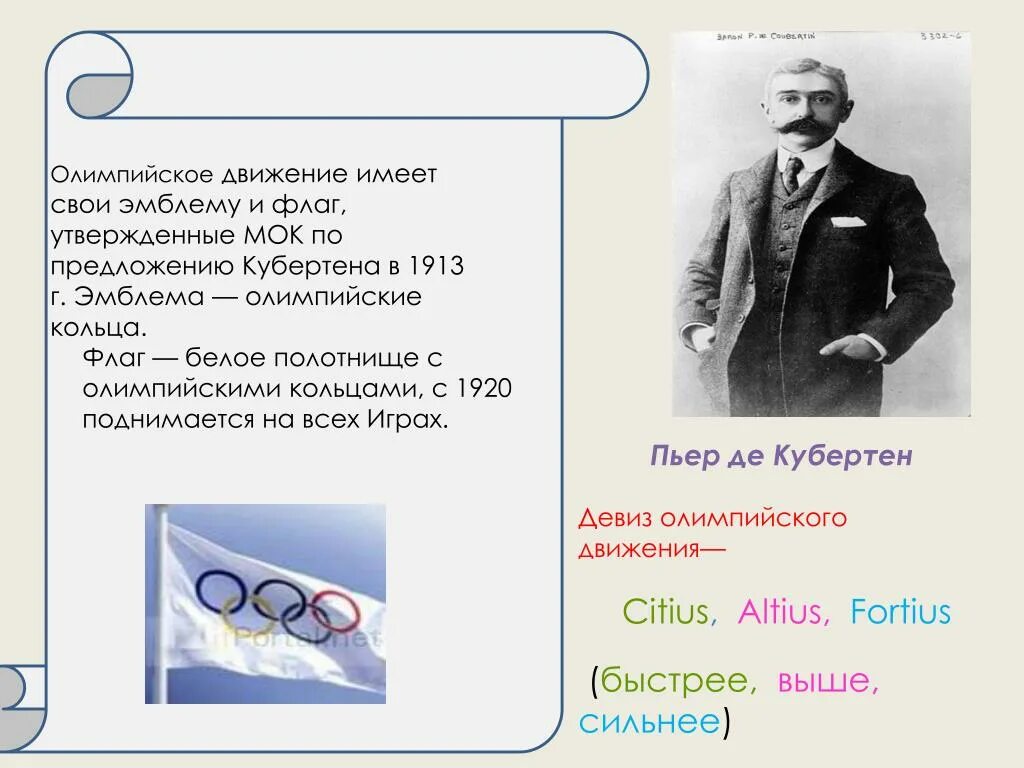 Пьер де Кубертен Олимпийские игры. Символика Олимпийских игр Пьер де Кубертен. Пьером де Кубертеном с флагом Олимпийских игр. Олимпийские игры Пьер де Кубертен картинки.