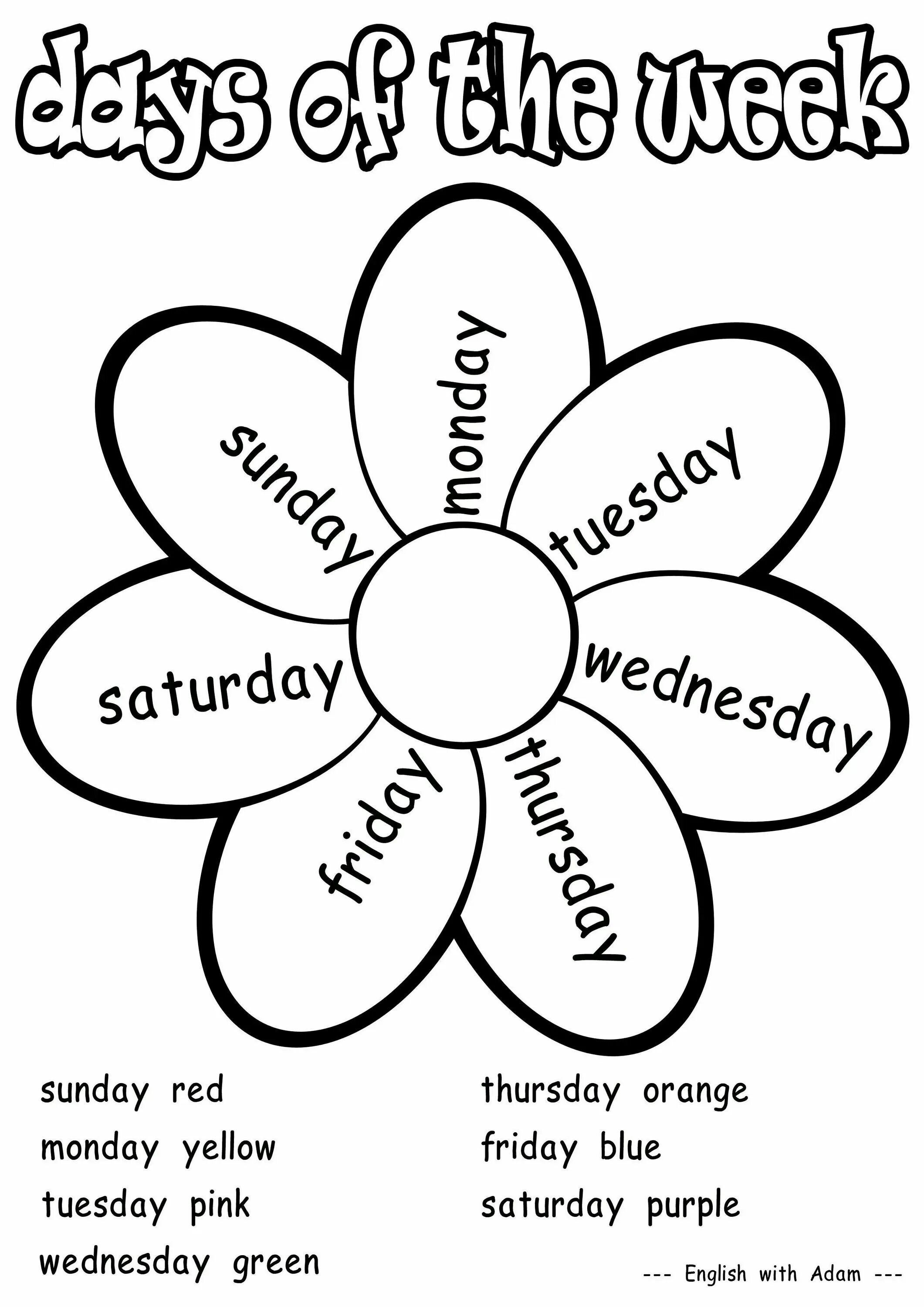 Дни недели раскраска. Раскраска цвета на английско. Дни недели на английском для детей задания. Раскраски для детей на английском языке. Задание раскраска цвета на английски.